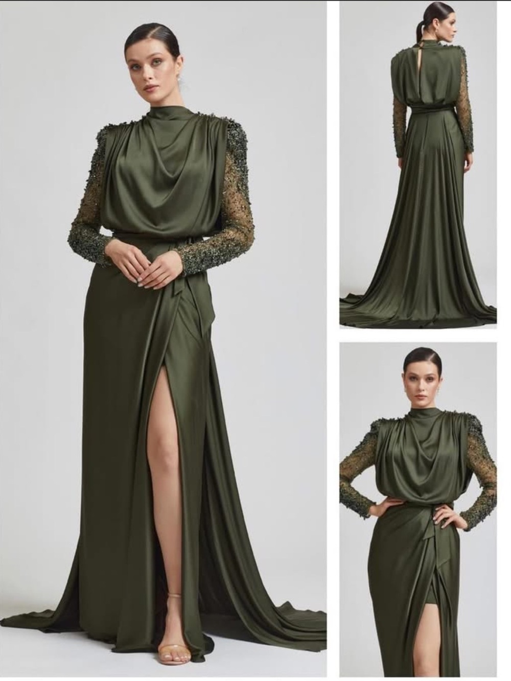 Kenzel Women’s 40 Green Satin Beaded Formal Modest Gown Dress Turkish Draped